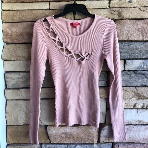 Guess Rose Bliss Pink ribbed knit sweater top NWT Large - Picture 1 of 11